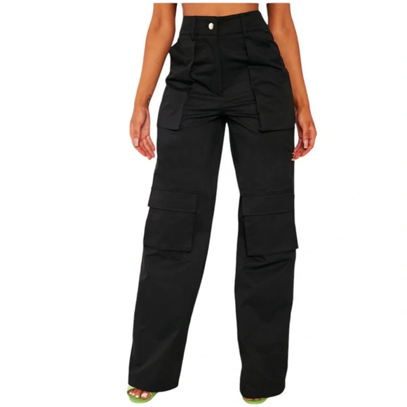 PRETTYLITTLETHING NWT Black Twill Pocket Detail High  Waist Cargo Pants Size 0 - Picture 2 of 12